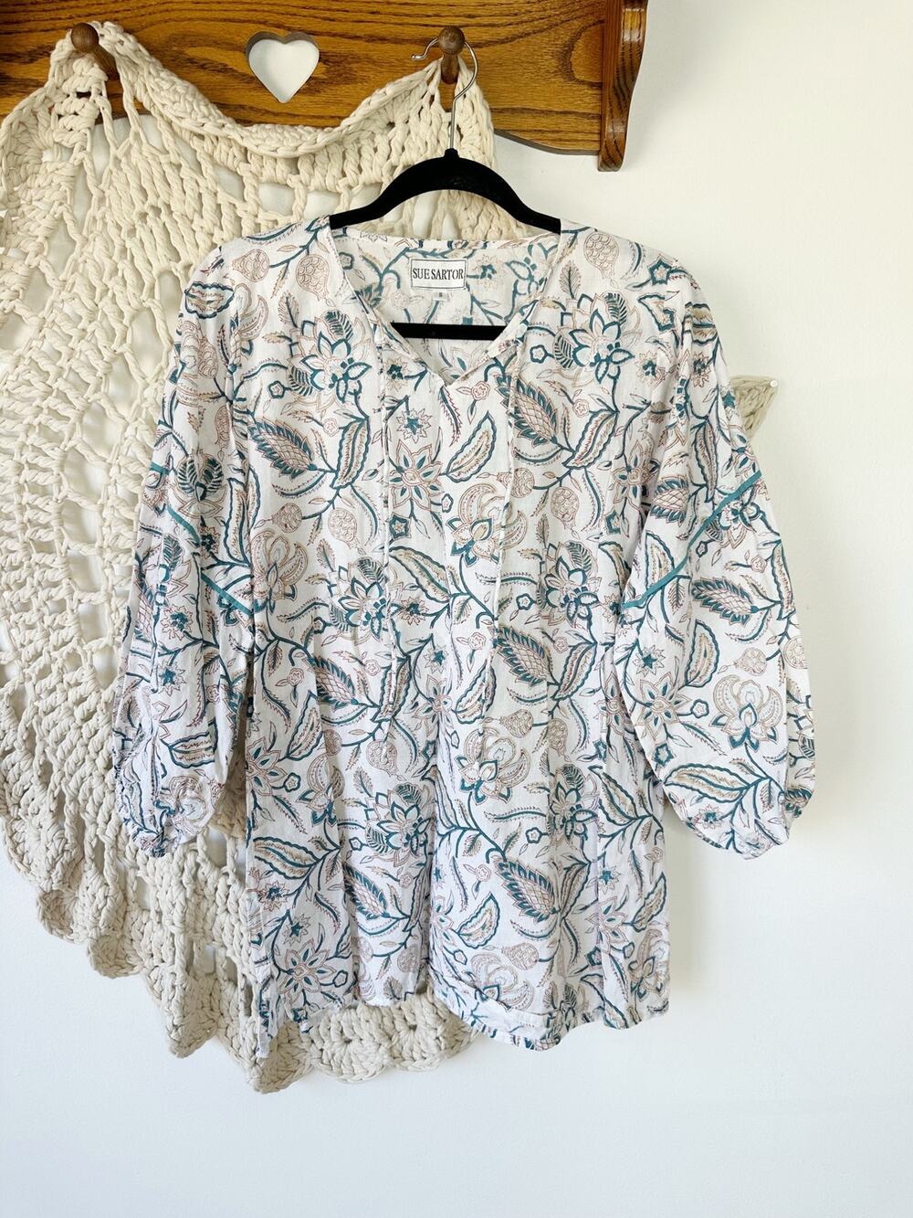 Sue Sartor Cotton Botanical Floral Puff Sleeve Peasant Blouse Small